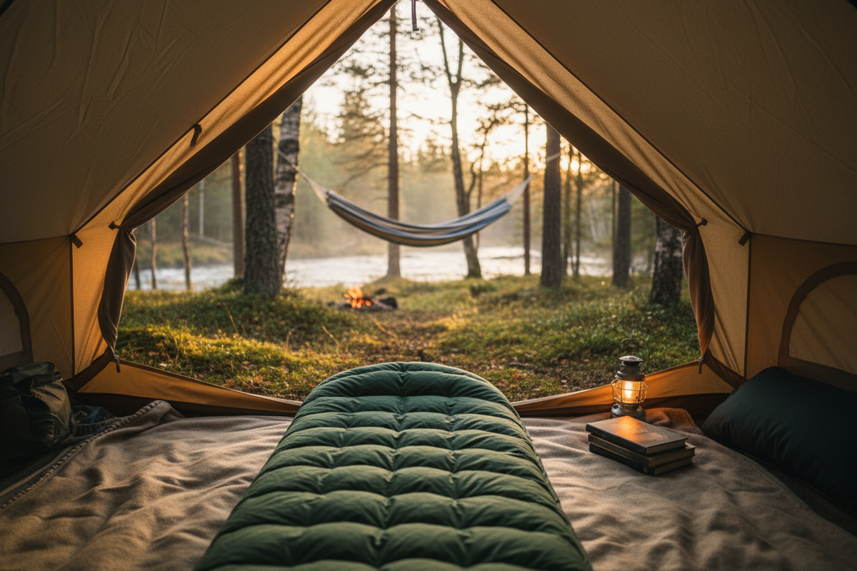 Sovsystem för camping: tält, hammock och liggunderlag