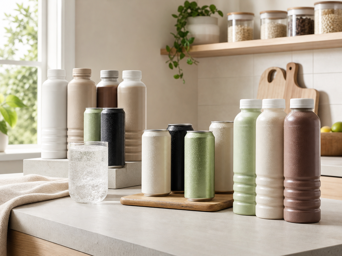 Protein- och funktionsdrycker på en ljus köksbänk