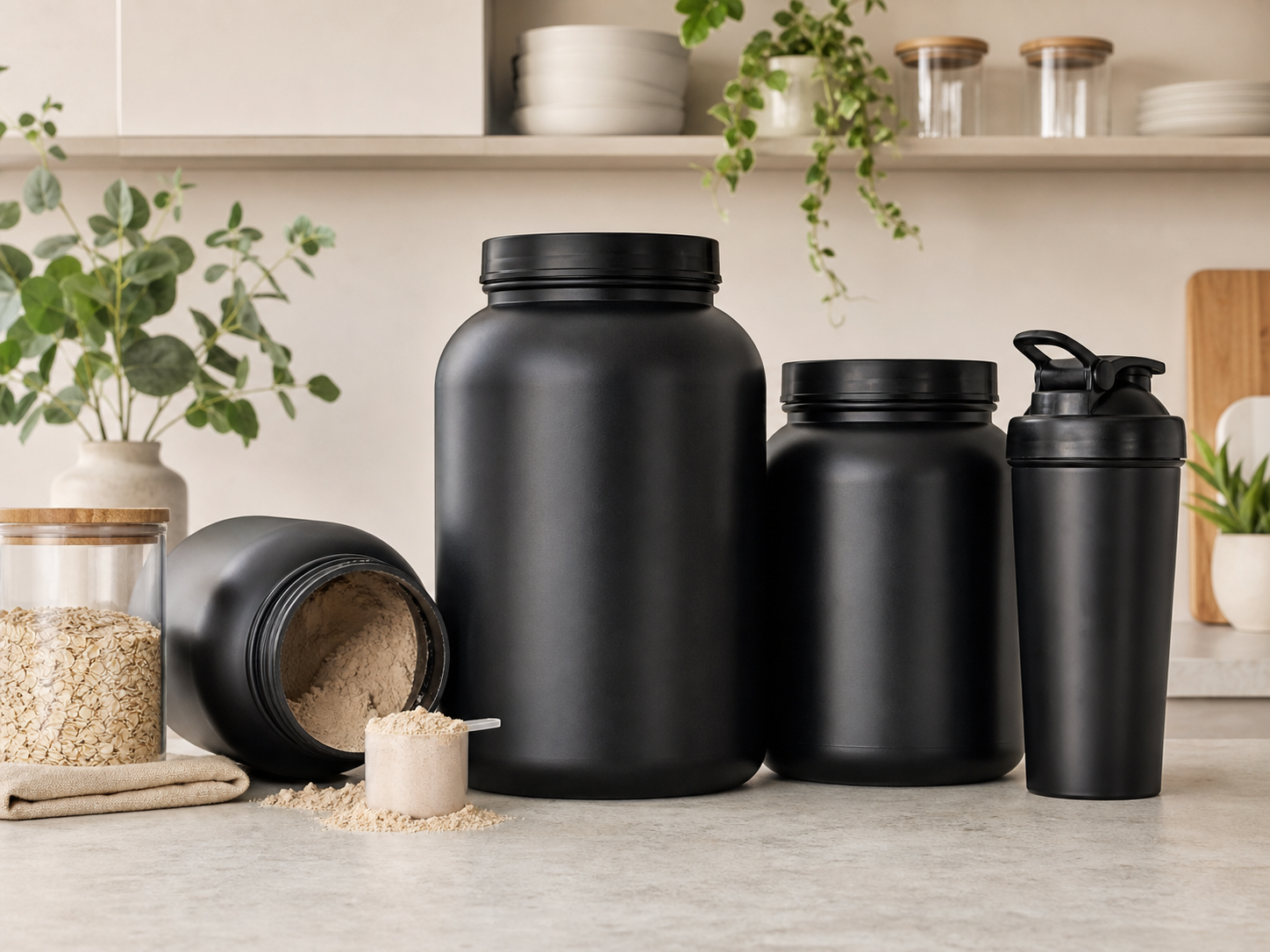 Proteinpulver, shaker och skopa på en ljus köksbänk